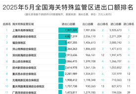 2025年5月及1-5月全國(guó)海關(guān)特殊監(jiān)管區(qū)(綜保區(qū)等)進(jìn)出口貿(mào)易額排名榜單